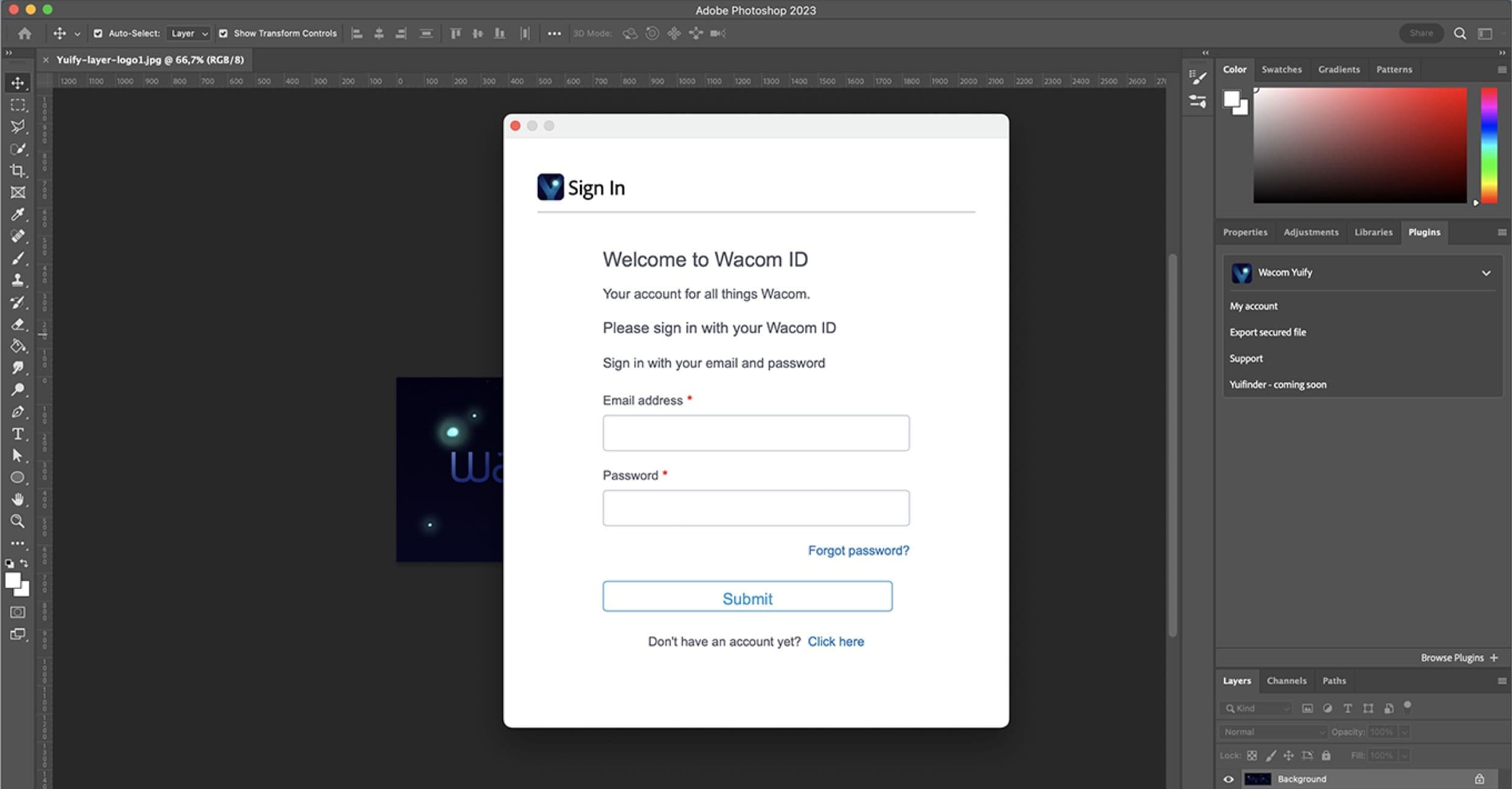 Yuify Photoshop plugin sign-in screen – access tools to embed metadata and verify digital art ownership